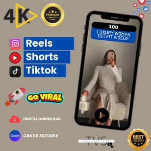 May include: Digital download graphic with the text "100 Luxury Women Outfit Videos". The image includes social media icons for Reels, Shorts, and TikTok, along with the words "Go Viral" and "Canva Editable". A phone displays a woman in a white outfit.
