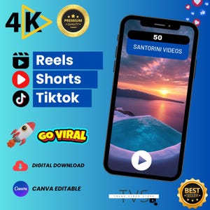 May include: A smartphone screen shows a Santorini video with the text "50 SANTORINI VIDEOS". The image features icons for Reels, Shorts, and TikTok, plus "GO VIRAL" and "DIGITAL DOWNLOAD" text. A "BEST SELLER" badge is also visible.