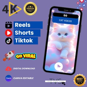 Puede incluir: Una pantalla de teléfono inteligente muestra un gato blanco esponjoso con ojos azules, etiquetado como "VIDEOS DE GATOS". La imagen incluye iconos para Reels, Shorts y TikTok, junto con el texto "GO VIRAL" y "DESCARGA DIGITAL". También hay una insignia dorada de "MÁS VENDIDO".