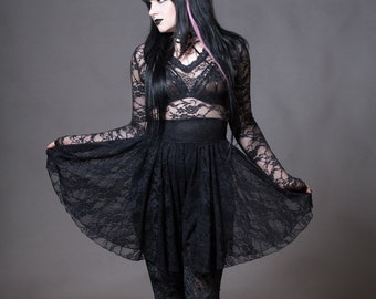 Sheer Black Lace Gothic Skater Dress with Sleeves Vampire Nu Goth Witchy Clothing Halloween Custom Petite to Plus Size