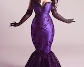 Gothic Purple Wedding Dress Fit and Flare Mermaid Masquerade Corset Black Lace Overlay Unique Bridal Petite Plussize - Custom to Order