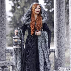 Goth Viking Queen Wedding Dress with Sleeves Unique Faux Fur Trimmed Coat Gown Stark Cosplay Gothic Costume Custom to Order