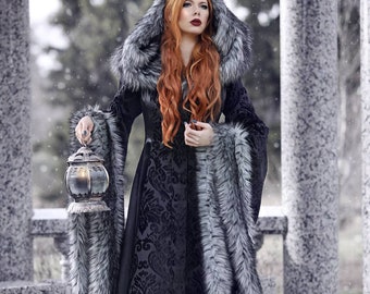 Goth Viking Queen Wedding Dress with Sleeves Unique Faux Fur Trimmed Coat Gown Stark Cosplay Gothic Costume Custom to Order