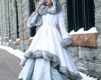 High Low Viking Queen Wedding Dress with Sleeves  Faux Fur Trimmed Coat High Low Gown Custom to Order
