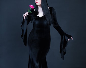 Morticia Addams Cosplay Schwarzes Samtkleid Sexy Witchy Gothic Kleidung Custom to Petite to Plus Size