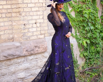 Witchy Purple Wedding Dress Goth Bridal Gown Midnight Garden Unique Gothic Bats Gems Custom to Order Remote Fitting Petite to Plus Size