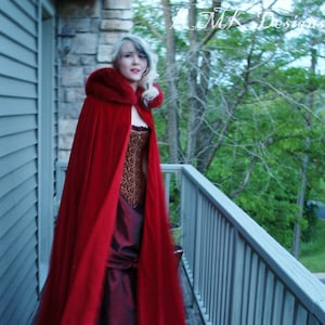 Red Velvet Wedding Cape Red Riding Hood Costume Brothers Grimm Cosplay Halloween Faux Fur Hood Custom to Order