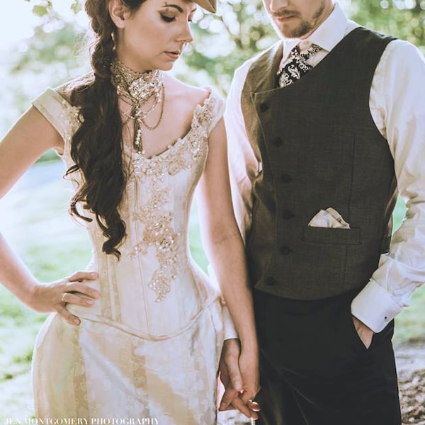 Alternatywna suknia ślubna, wyjątkowa wiktoriańska suknia z tiulem, kremowy gorset steampunk z odkrytymi ramionami (czas wykonania 12 miesięcy), szyta na miarę, w dowolnym rozmiarze