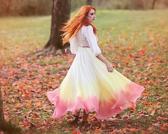 Chiffon Ombre Wedding Dress with Sleeves Unique Simple Fairy Long Sleeve Colorful Gown Bridesmaid or Bride Petite to Plus size Custommade