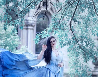 Fantasy Wedding Dress Elven Medieval Gown Blue Ombre Fairy Costume Renaissance Outfit with Custom Corset Locally Made to Order