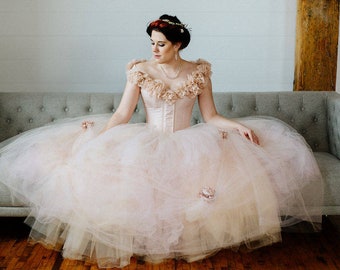 SAMPLE SALE Blush Wedding Dress Pink Fantasy Ball Gown Whimsical Fairy Tulle Skirt Corset Dress Size Medium Dress 12-16