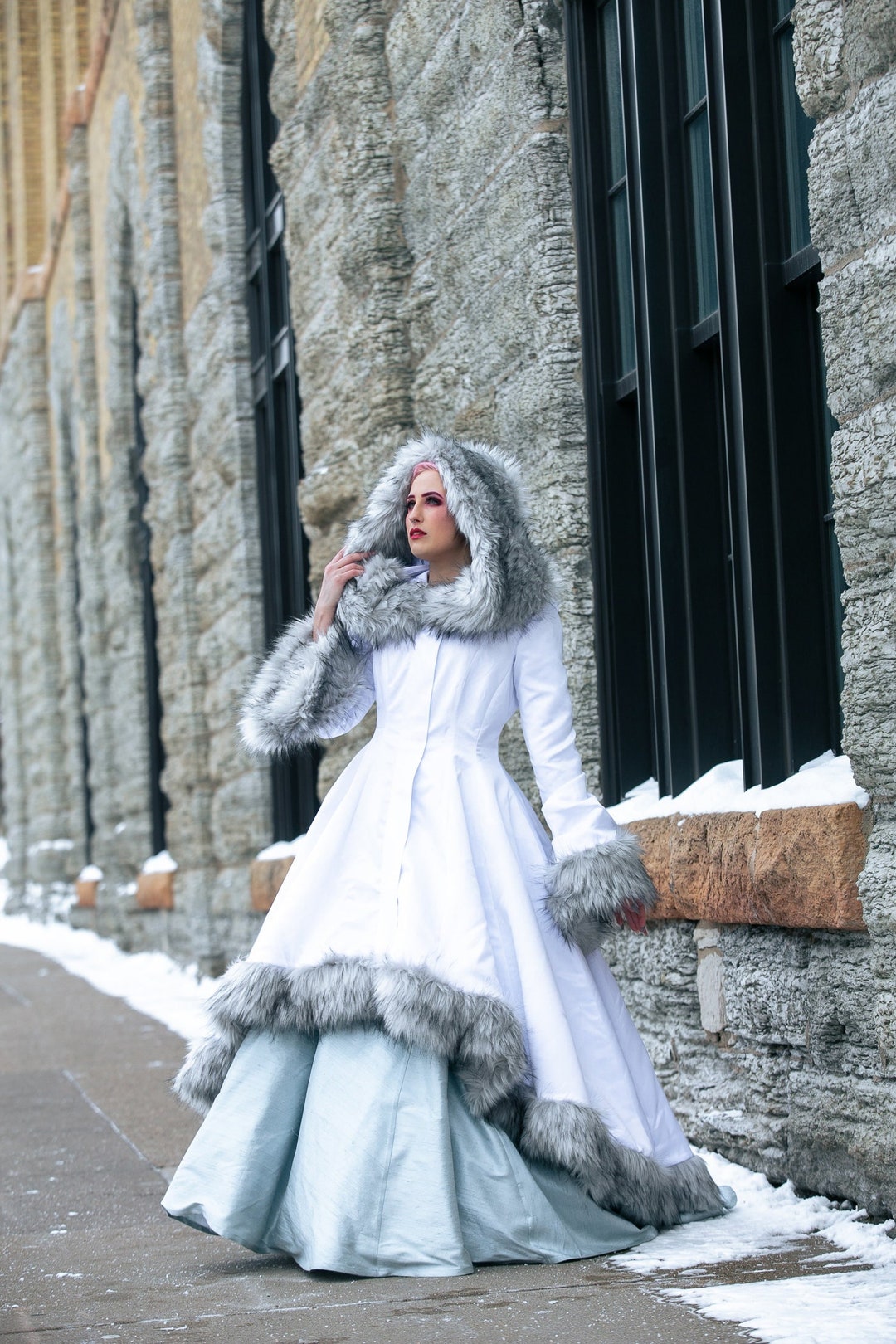 High Low Viking Queen Wedding Dress With Sleeves Faux Fur Trimmed Coat High  Low Gown Custom to Order - Main Image