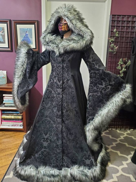 winter fur dress for women Goth Viking Queen Wedding Dress with Sleeves Unique Faux Fur Trimmed Coat Gown (12 Month Make Time)