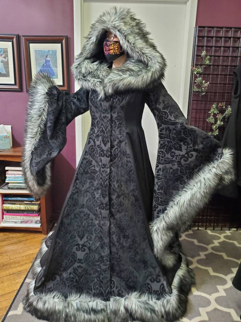 Goth Viking Queen Wedding Dress with Sleeves Unique Faux Fur Trimmed Coat Gown Stark Cosplay Gothic Costume Custom to Order image 10