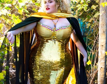 Sun Goddess Gold Sequin Glam Dress Sparkle Burlesque Drag Queen Gown Corset Cape Dress  Custom to Order