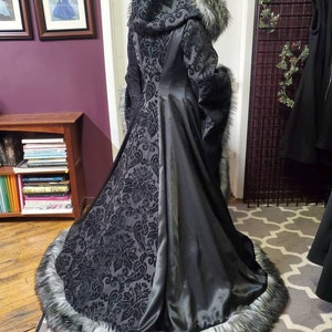 Goth Viking Queen Wedding Dress with Sleeves Unique Faux Fur Trimmed Coat Gown Stark Cosplay Gothic Costume Custom to Order image 9