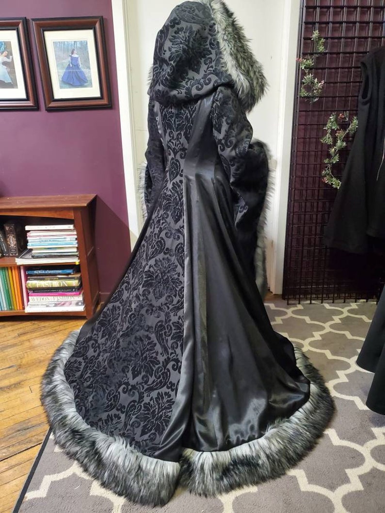 Goth Viking Queen Wedding Dress with Sleeves Unique Faux Fur Trimmed Coat Gown Stark Cosplay Gothic Costume Custom to Order image 9