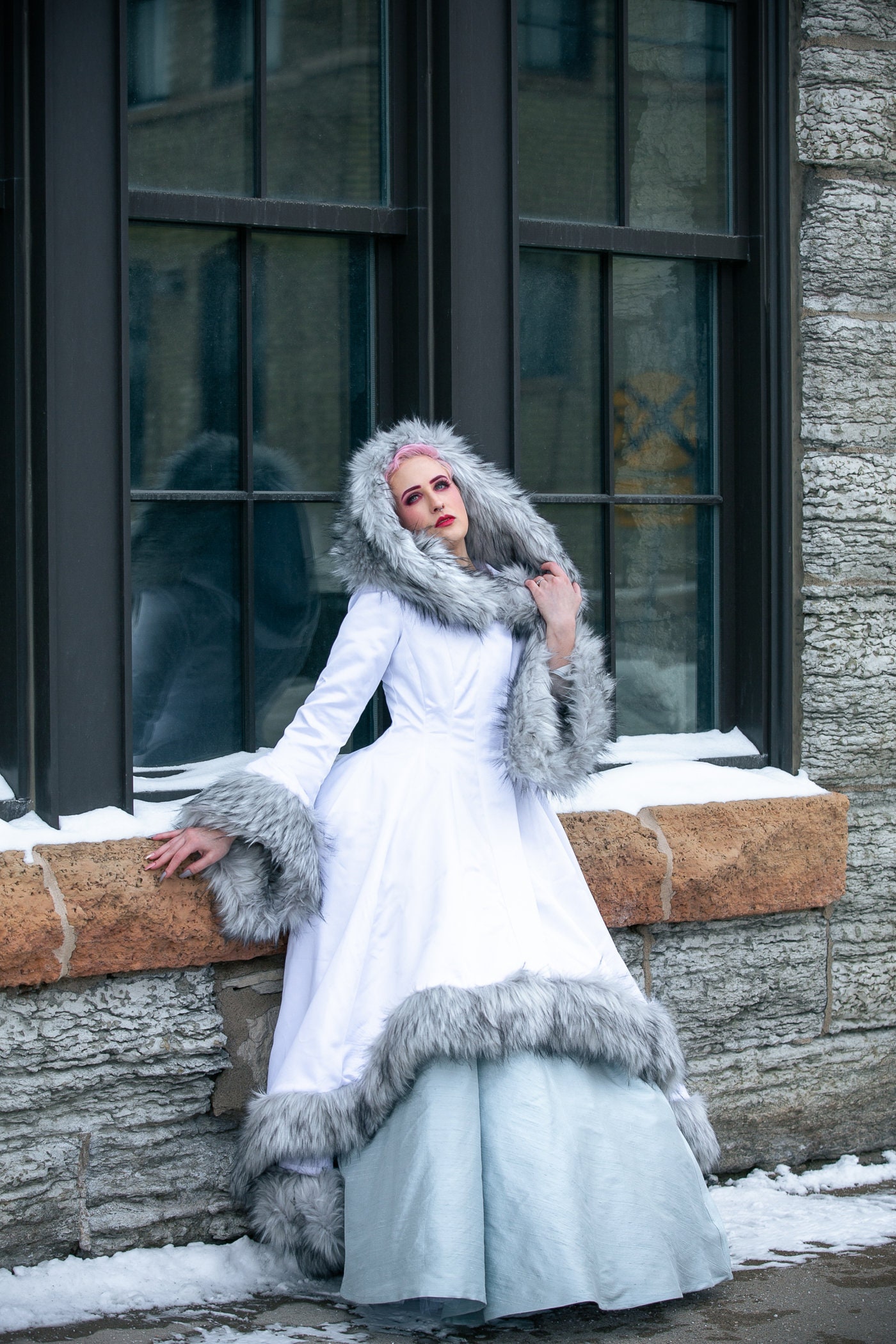 sachin and babi light blue dress High Low Viking Queen Wedding Dress With Sleeves Faux Fur Trimmed Coat,  High Low Gown (12 Month Make Time) Custom to Order