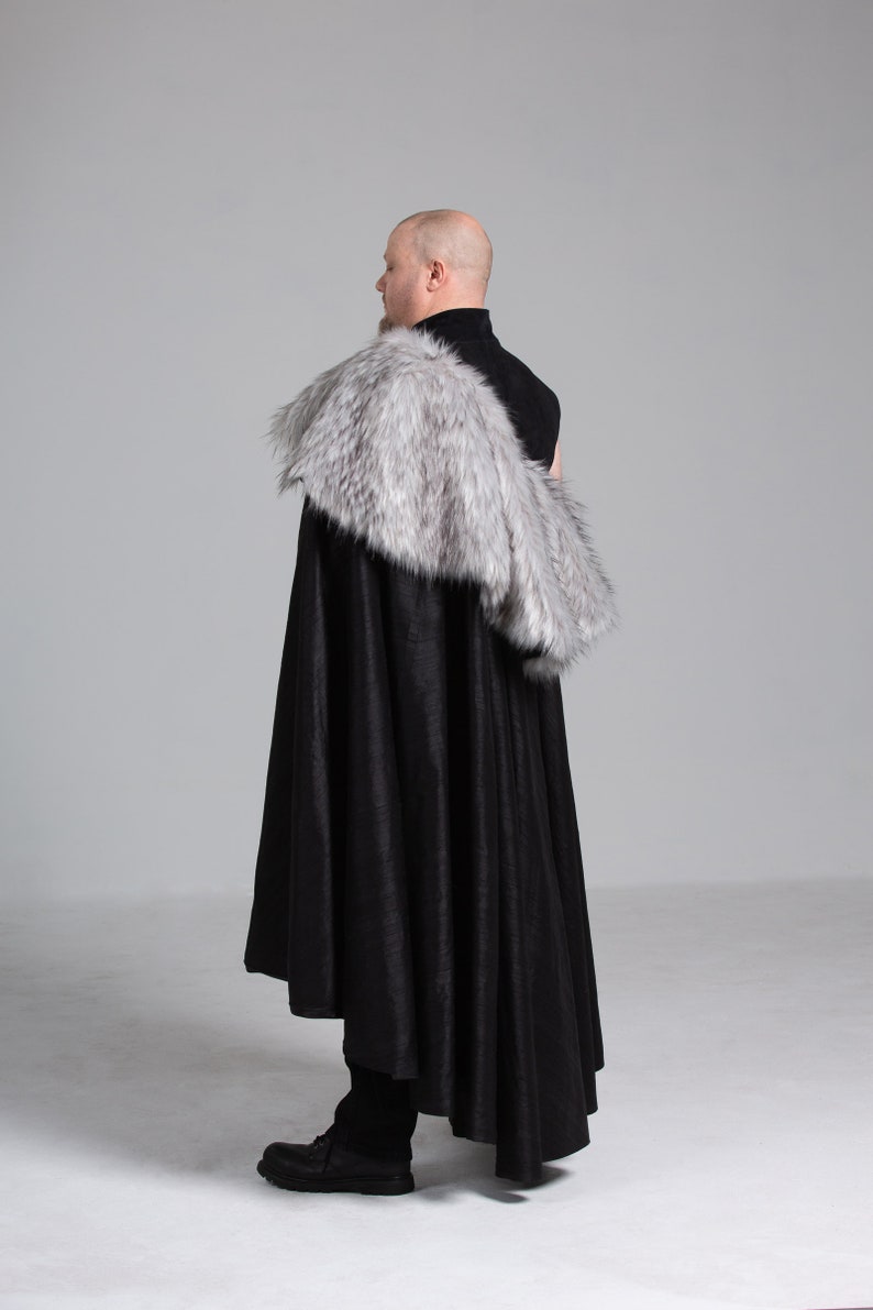 Viking Mantle Faux Fur and Silk Cape Costume Grey and Black Renissance Game of Thrones Cosplay Halloween Custom to Order Custom Color image 6