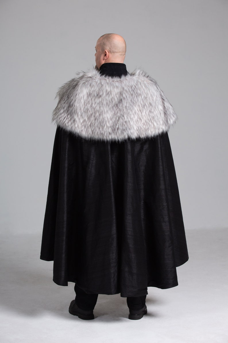 Viking Mantle Faux Fur and Silk Cape Costume Grey and Black Renissance Game of Thrones Cosplay Halloween Custom to Order Custom Color image 3