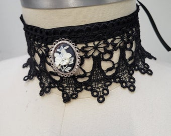 Butterfly Necklace Cameo Ribbon Choker Lolita Accessory Lace Necklace Goth Victorian Steampunk Ribbon - Handmade Gift