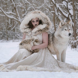 Viking Queen Wedding Dress Unique Faux Fur Trimmed Coat Gown - Custom to Order