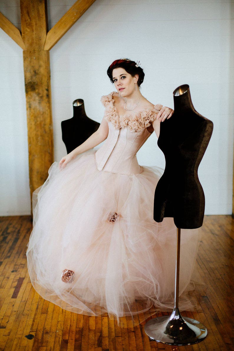 SAMPLE SALE Blush Wedding Dress Pink Fantasy Ball Gown Whimsical Fairy Tulle Skirt Corset Dress Size Medium Dress 12-16 image 9