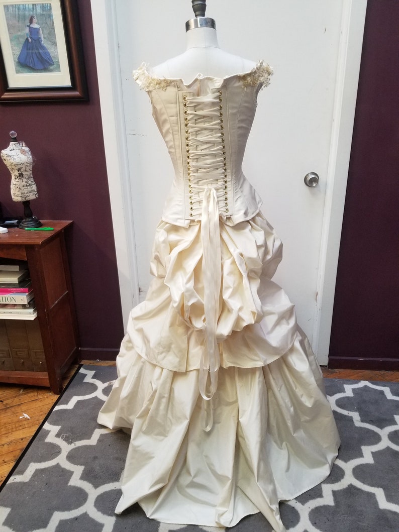 Alternative Wedding Dress Unique Victorian Bustle Gown Cream Steampunk Corset Off the Shoulder Custom to Any Size image 9