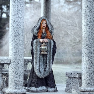 Goth Viking Queen Wedding Dress with Sleeves Unique Faux Fur Trimmed Coat Gown Stark Cosplay Gothic Costume Custom to Order image 6