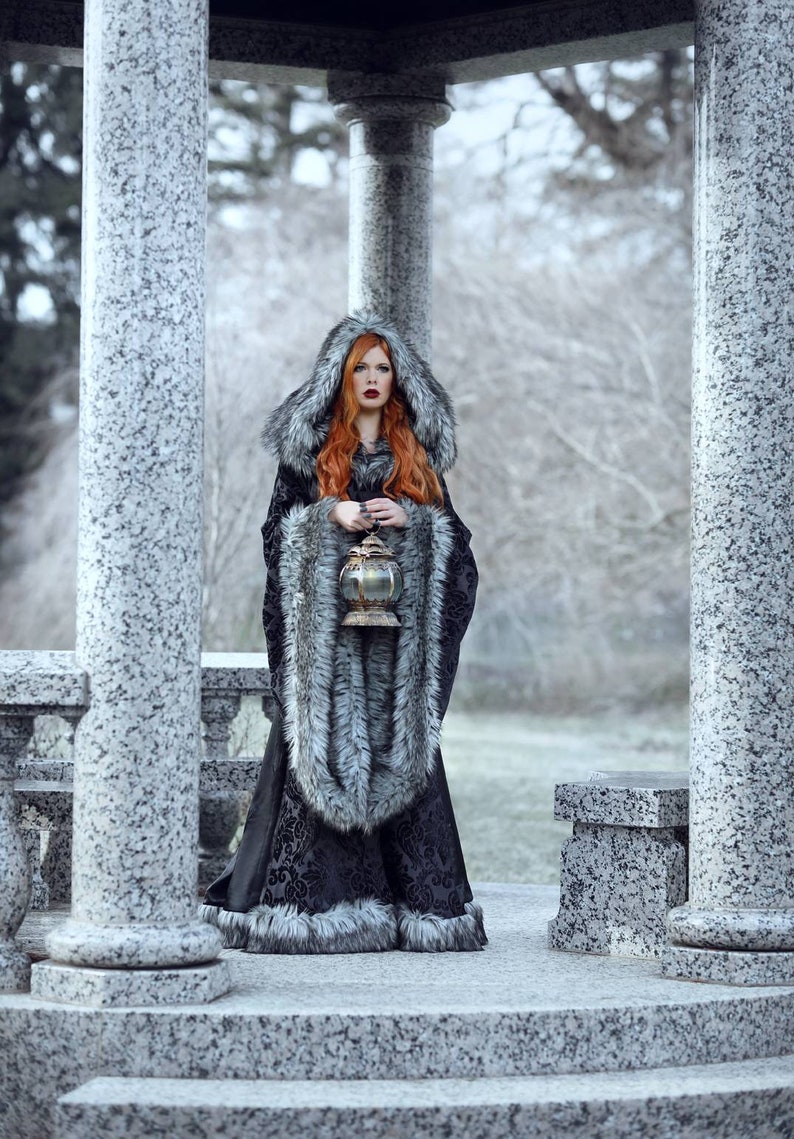 Goth Viking Queen Wedding Dress with Sleeves Unique Faux Fur Trimmed Coat Gown Stark Cosplay Gothic Costume Custom to Order image 6