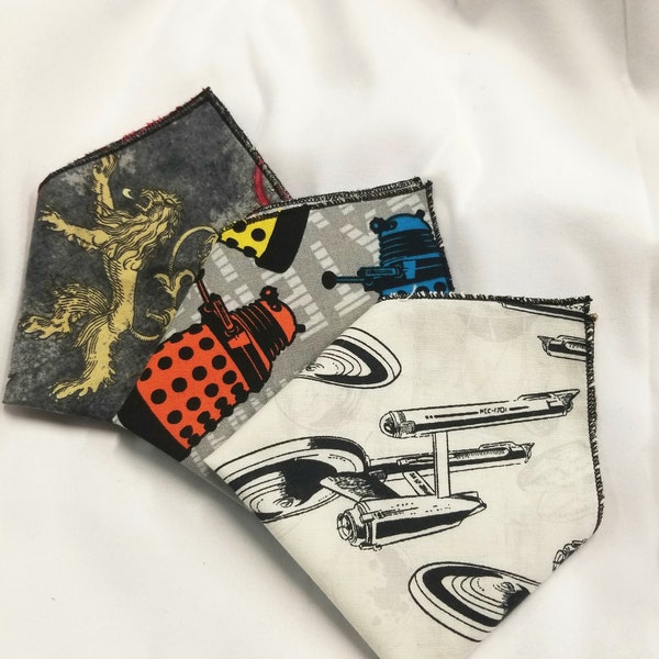 Geeky Pocket Square- Handkerchief Groomsmen Gift - Star Trek - Nerd Wedding - Superman - Marvel - Dalek - Game of Thrones "Geek Squares"