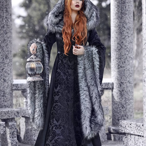 winter wedding dresses with fur Long sleeve dress for | Christian bridal Floor length wedding cloak made with satin and faux fur edge Weddings | SKY Armory Website