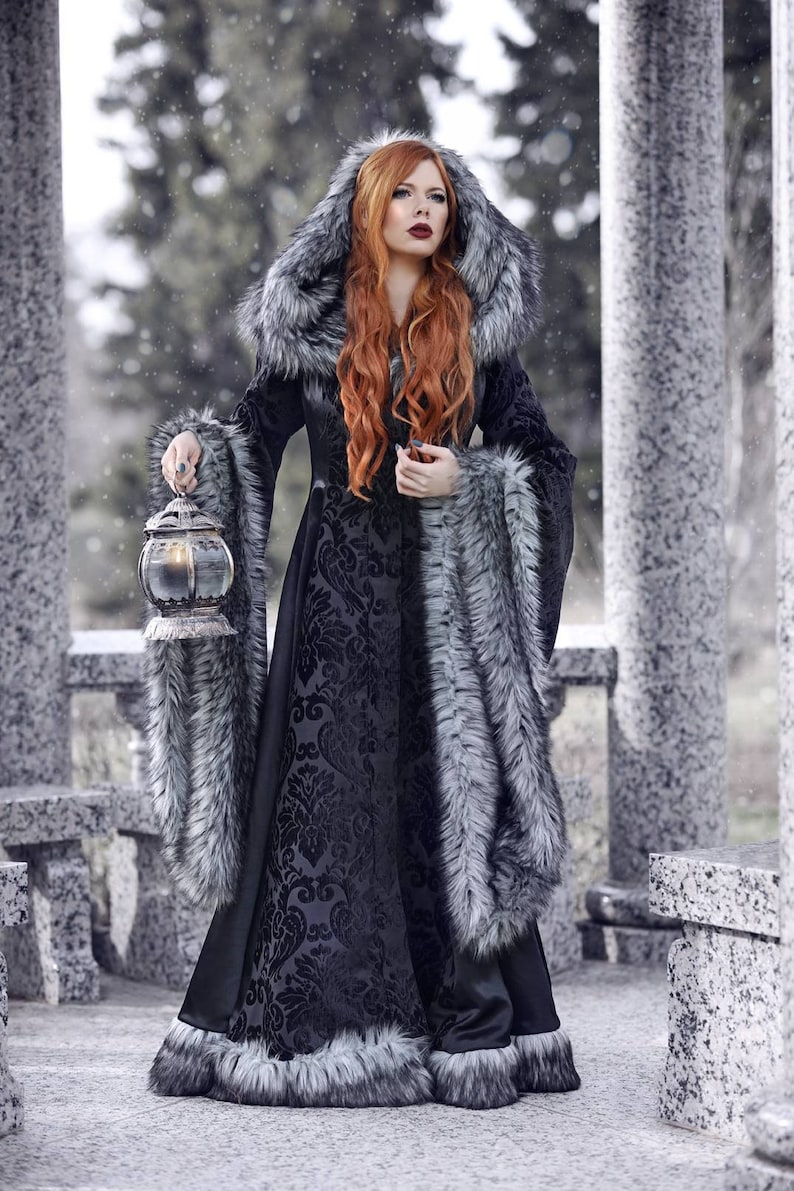 Goth Viking Queen Wedding Dress with Sleeves Unique Faux Fur Trimmed Coat Gown Stark Cosplay Gothic Costume Custom to Order image 1