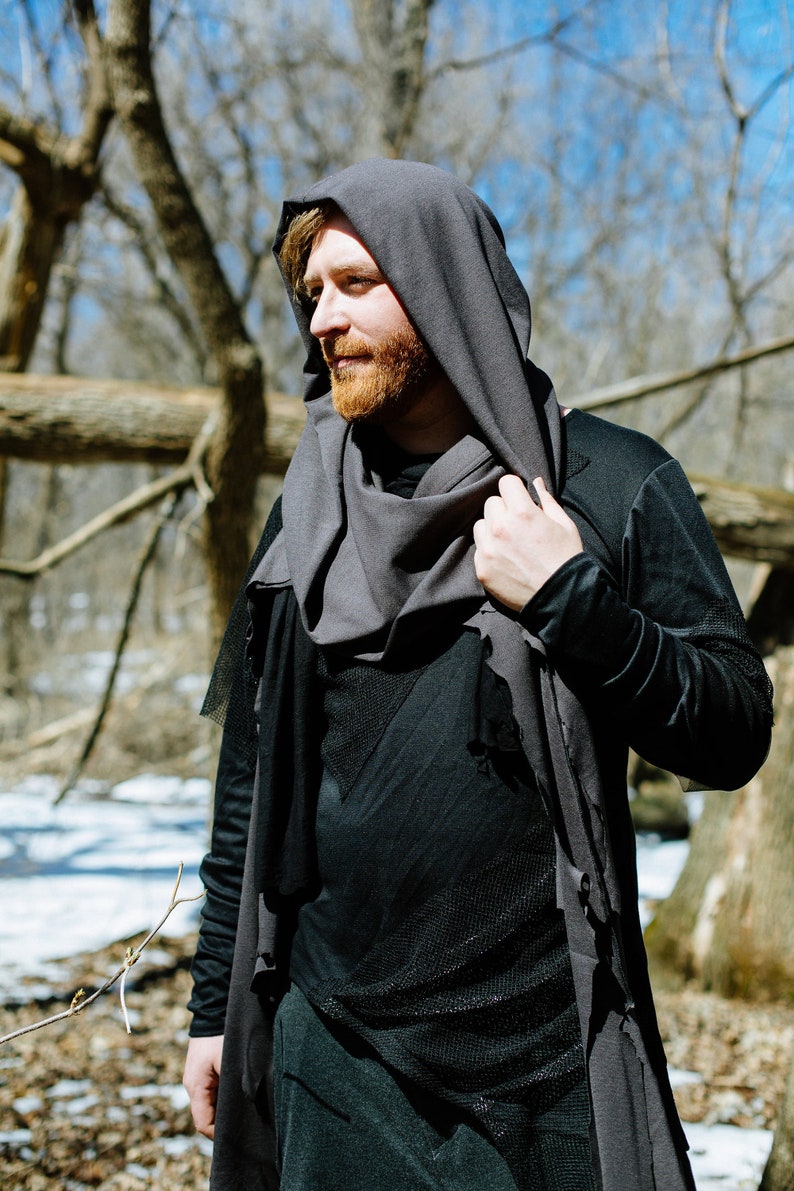 Distressed Cyberpunk Hooded Scarf Urban Streetwear Grey Cowl Hood Menswear Unisex Cybergoth Dark Punk Hooded Scarf Custom to Order