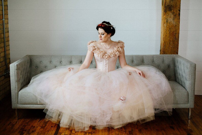 SAMPLE SALE Blush Wedding Dress Pink Fantasy Ball Gown Whimsical Fairy Tulle Skirt Corset Dress Size Medium Dress 12-16 image 1