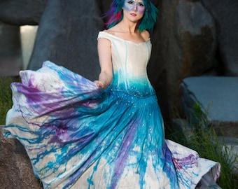 Galaxy Wedding Dress Off Shoulder Dress Starry Night Fairy Wedding Dress Painted Dress Unique Wedding Dress "Space Princess Gown"