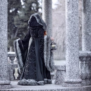 Goth Viking Queen Wedding Dress with Sleeves Unique Faux Fur Trimmed Coat Gown Stark Cosplay Gothic Costume Custom to Order image 4