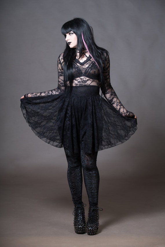 Sheer Black Lace Gothic Skater Dress with Sleeves Vampire Nu ...