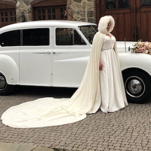 White Wedding Cape Silk Velvet Faux Fur Trimmed Bridal Cloak Cover Up Fairytale Winter Wonderland Custom to Order