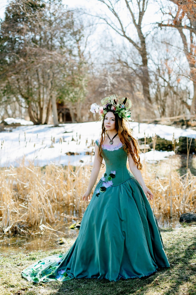 Woodland Fairy Wedding Dress Unique Bride Rustic Wedding Dress Embroidered Train Corset Bohemia Pond Gown Custom Petite Plus Size image 3