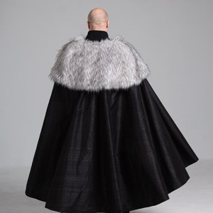 Viking Mantle Faux Fur and Silk Cape Costume Grey and Black Renissance Game of Thrones Cosplay Halloween Custom to Order Custom Color image 4