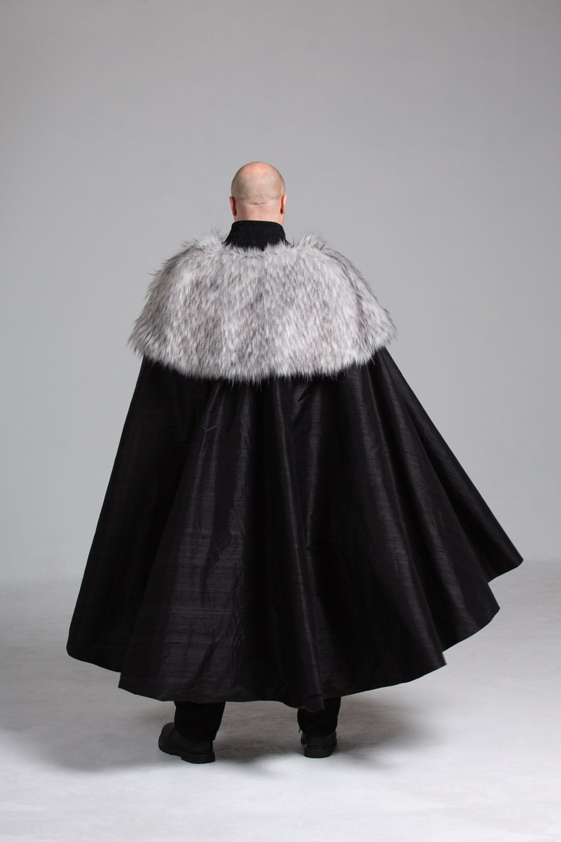 Viking Mantle Faux Fur and Silk Cape Costume Grey and Black Renissance Game of Thrones Cosplay Halloween Custom to Order Custom Color image 4