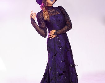 SAMPLE Witchy Purple Wedding Dress Goth Bridal Gown Midnight Garden Unique Gothic Bats Gems Size Small Medium