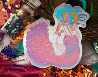 Holographic Mermaid Sticker Trans Pride Kawaii Non Binary Rainbow Magical Merfolk Large 3.5 inches X 3.5 inches LGBTQ Artist