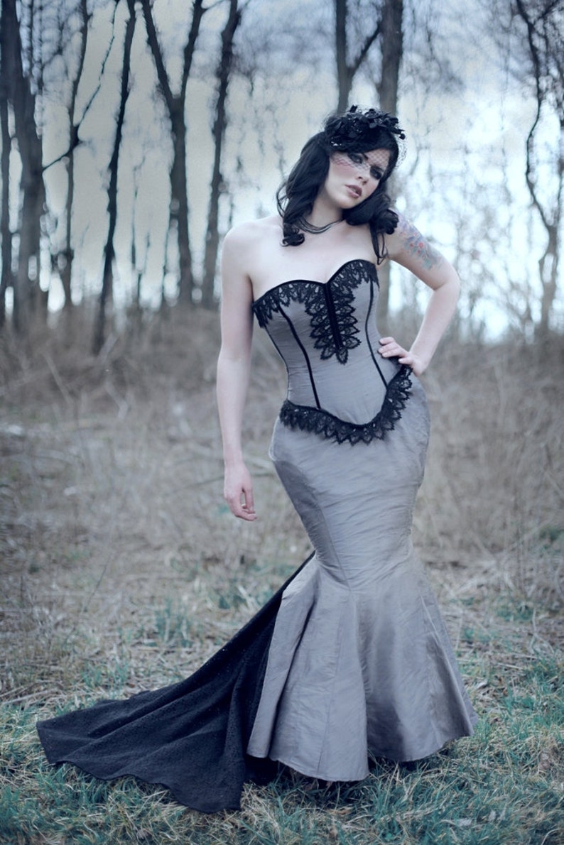 Mermaid Wedding Dress Goth Bridal Gown Unique Gothic Corset Steampunk Couture Dark Dance Custom to Order Petite to Plus Size image 5