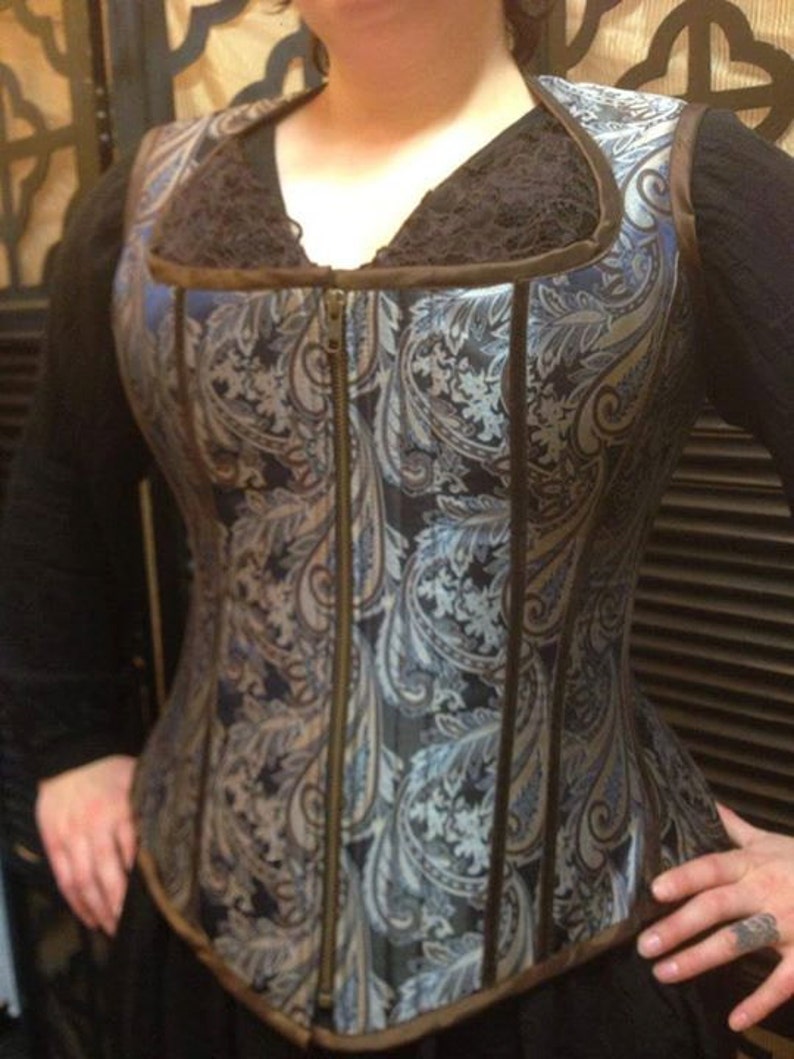 Steampunk Corset Vest Pirate Renaissance Bridal Wedding Gold Black Paisley Leslie Corset Vest Custom to your size Petite to Plus image 9