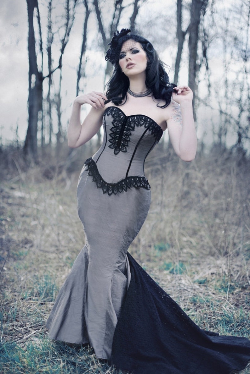 Mermaid Wedding Dress Goth Bridal Gown Unique Gothic Corset Steampunk Couture Dark Dance Custom to Order Petite to Plus Size image 6