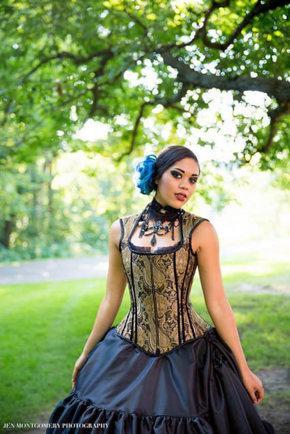 Steampunk Corset Vest Pirate Renaissance Bridal Wedding Gold Black Paisley  leslie Corset Vest Custom to Your Size Petite to Plus 