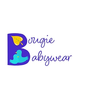May include: A logo featuring a large purple letter B with a yellow leaf and two light blue birds inside the letter. The text Bougie Babywear is written in a purple cursive script to the right of the letter B, set against a plain white background.
