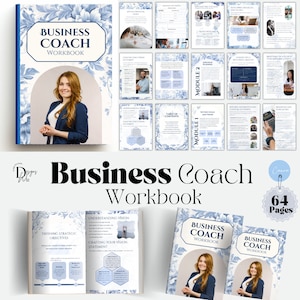 Könnte beinhalten: Ein Business-Coach-Arbeitsbuch mit blauem und weißem Blumenmuster mit dem Titel "Business Coach Workbook" mit 64 Seiten. Das Arbeitsbuch enthält Abschnitte zu den Themen Visionsverständnis, Definition strategischer Ziele und Erstellung einer Visionserklärung.